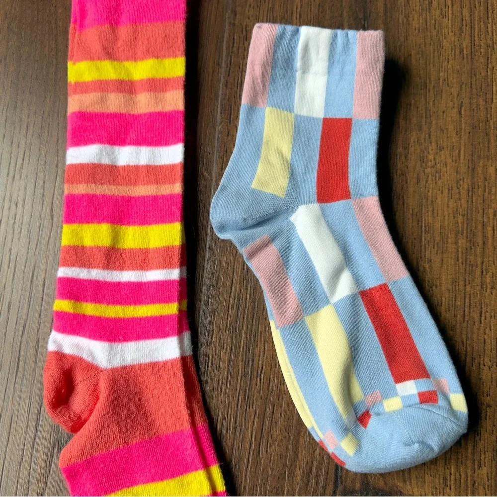 2 Pairs of Bright Orange Multi-Striped Knee Sock and Colorblock Ankle Sock Set